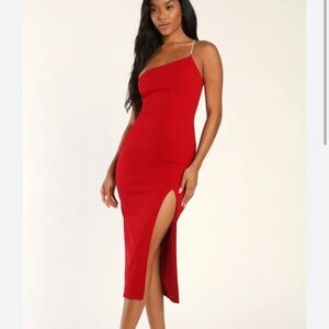 Lulu’s Always VIP One Rhinestone Strap Red Midi Dress
